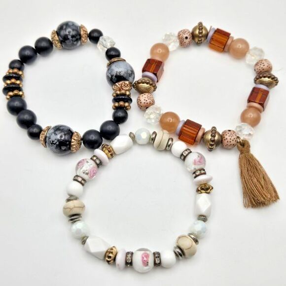 Three Mixed Media Stretch Bracelets‎ Black and Neutral Colors One with a Tassel - Picture 6 of 6